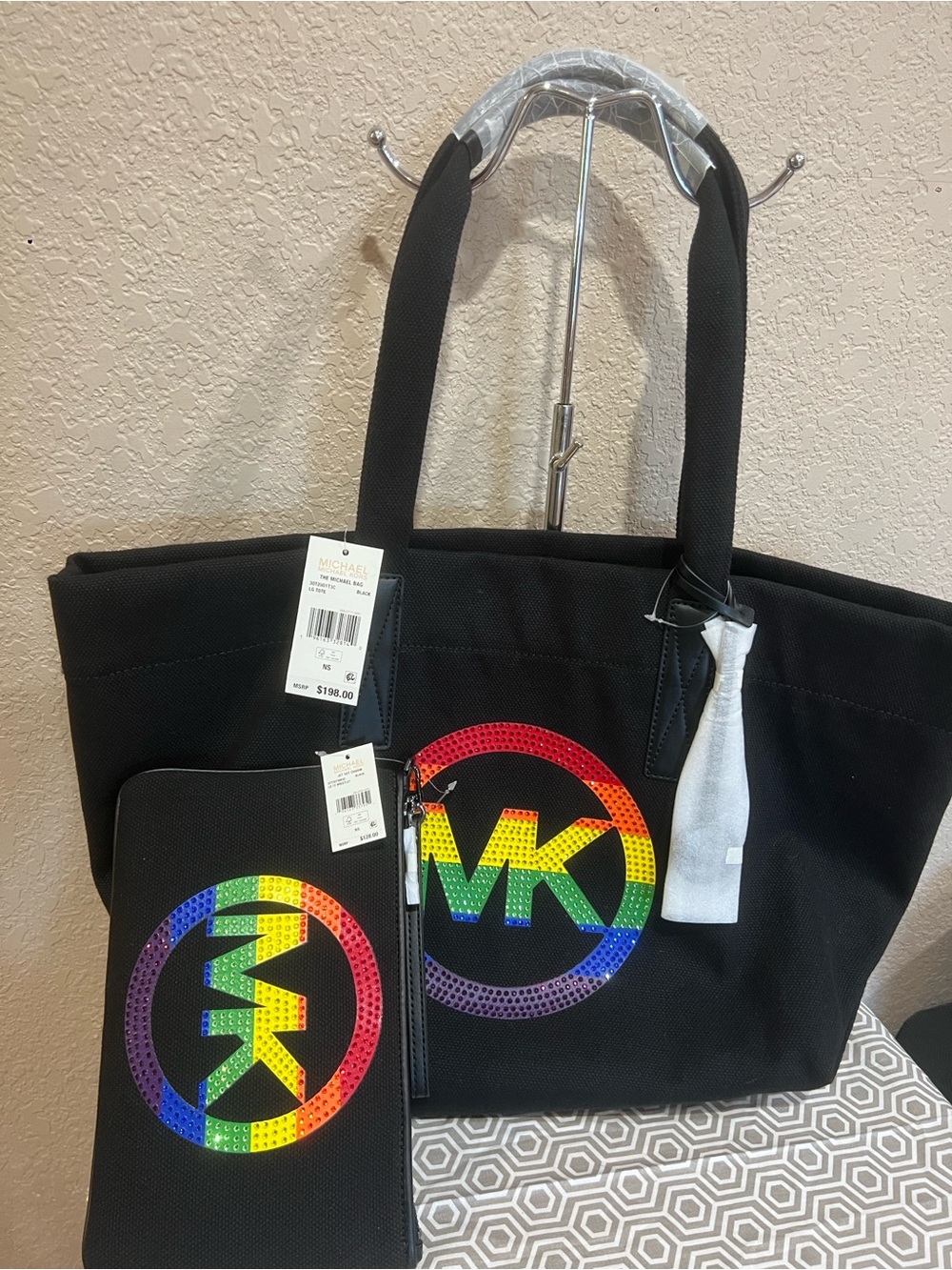 Michael Kors Black Tote with Rainbow MK Emblem